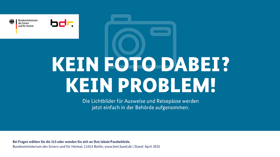 Kein Foto dabei? Kein Problem! Die Lichtbilder für Ausweise und Reisepässe werden jetzt einfach in der Behörde aufgenommen. Bei Fragen wählen Sie die 115 oder wenden Sie sich an Ihre lokale Passbehörde.