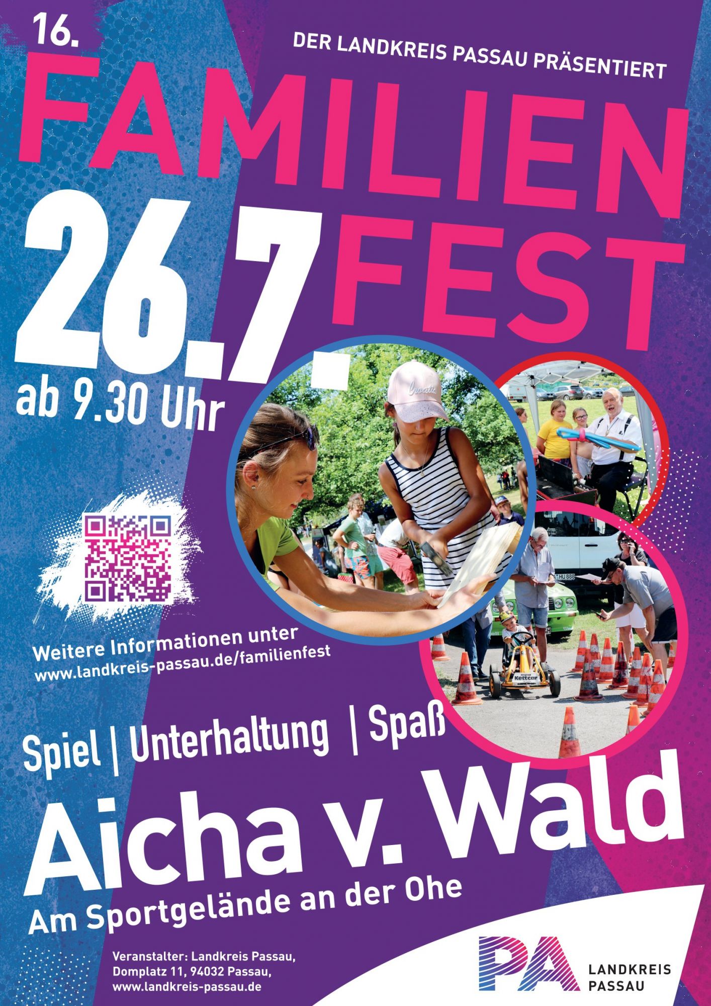 Plakat des 16. Familienfestes des Landkreises Passau am 26.07.2026 ab 09:30 Uhr am Sportgelände an der Ohe in Aicha vorm Wald